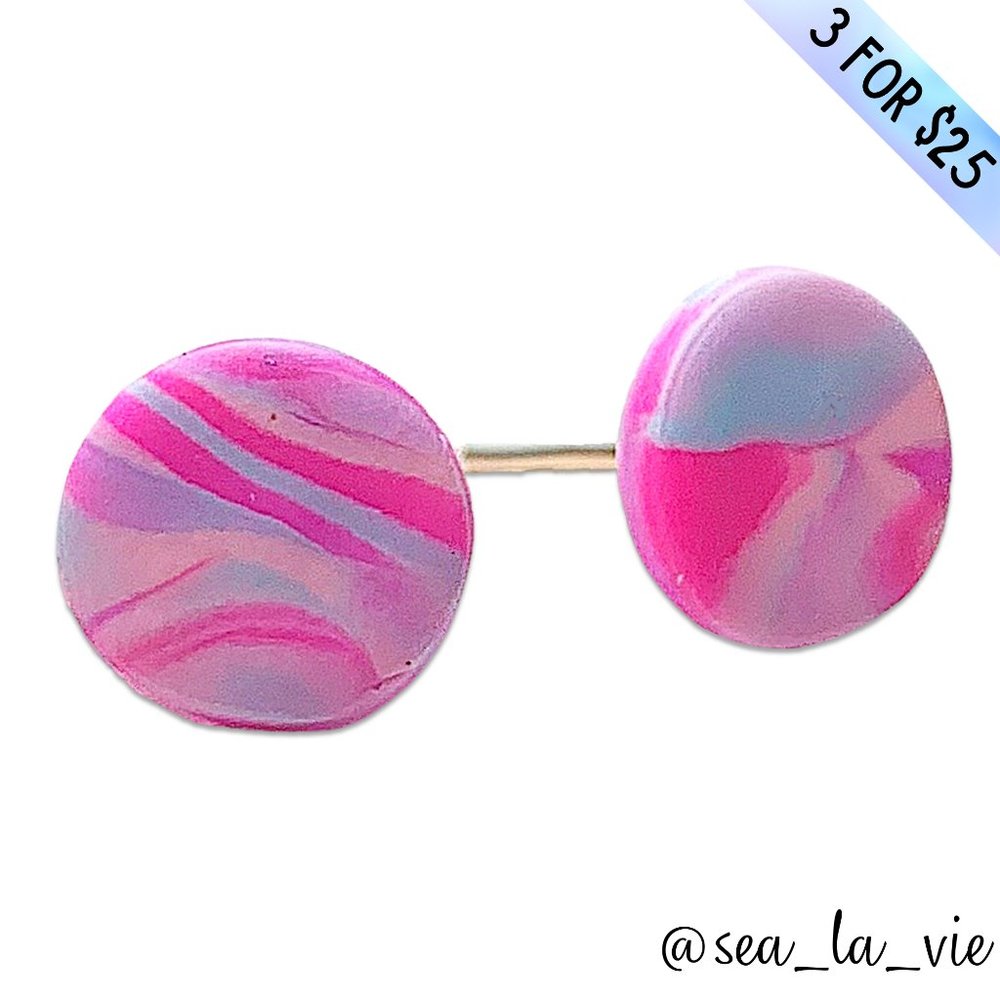 3/$25 Cotton Candy Marbled Circle Polymer Clay Stud Earrings - Picture 9 of 9